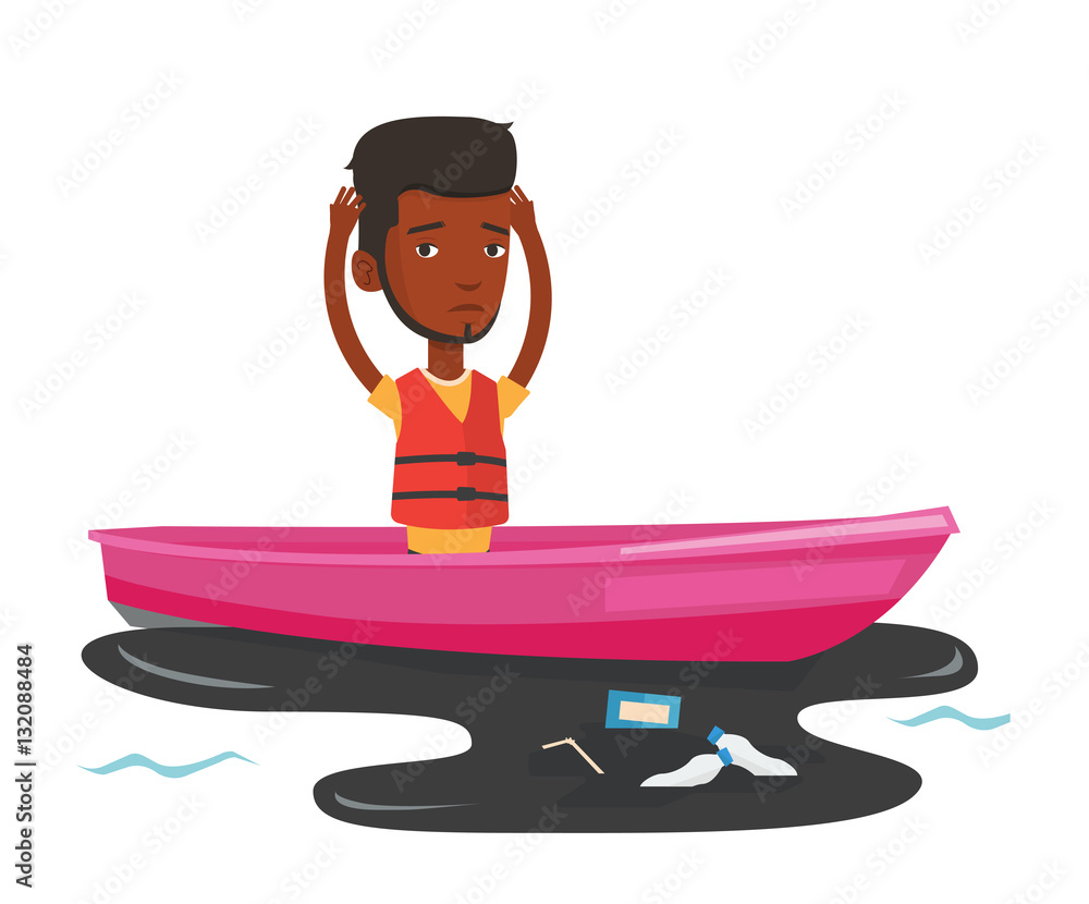 Poster man floating in a boat in polluted water.