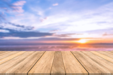 Empty wooden table space platform and blurred Sky mountains sunsets Fog background for product display montage