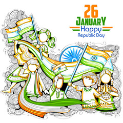 Indian kids waving tricolor flag celebrating Republic Day of India