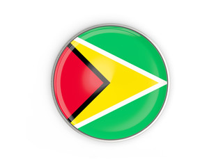 Flag of guyana, round icon with metal frame