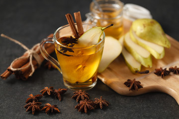 pear cider on evening kitchen table