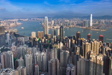 Aerial view, Hong Kong city downtown over Victoria Harbour 
