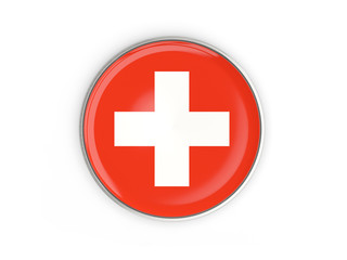 Flag of switzerland, round icon with metal frame