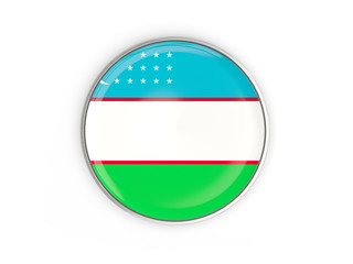 Flag of uzbekistan, round icon with metal frame