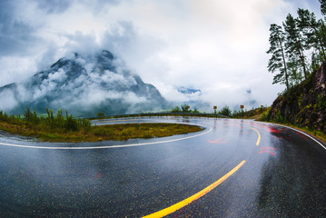 Rainy road. The county of More og Romsdal. Norway. - 132090833