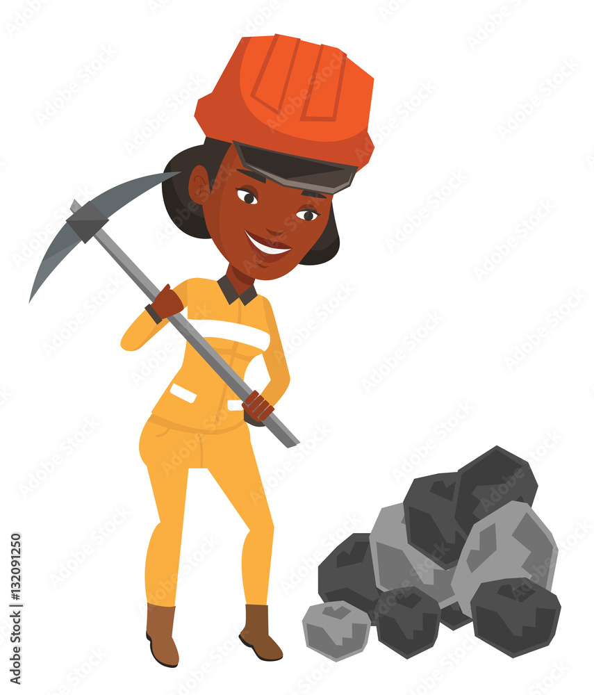 Poster miner working with pickaxe vector illustration.