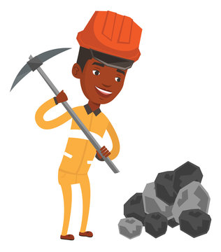 Miner working with pickaxe vector illustration.