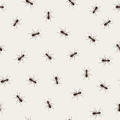 Ant monochromic pattern vector illustration. Black little ants on light background
