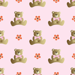 Seamless pattern with teddy bear with a bow and flowers on a pink background