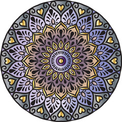 Drawing of a floral mandala in gold, gray and violet colors on a white background. Hand drawn tribal  vector stock illustration