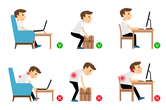Man sitting, working and lifting heavy things correct and incorrect postures. Vector illustration