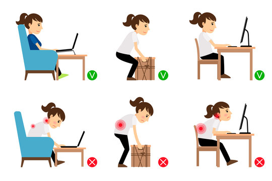 Woman cartoon character sitting and working correct and incorrect postures. Vector illustration