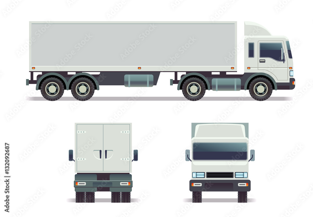 Poster cargo track in three points of view isolated on white. vector template for corporate identity