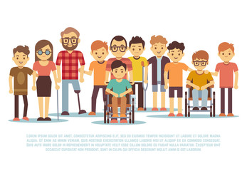 Disabled child, handicapped children, diverse students in wheelchair vector set