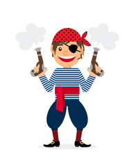 Pirate young smiling cartoon character with two pistols on white background. Vector illustration