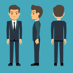 Young person man in three points of view in business, office clothes vector set.