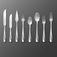 Vector realistic cutlery set, silver or steel fork, spoon, knife
