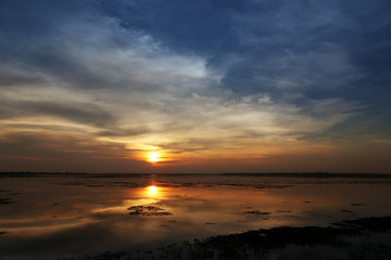 Reservoir landscape at sunset