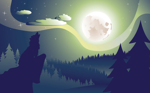 Wolf Howling in the Night Forest