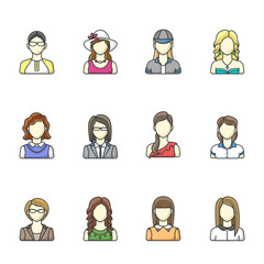 Icon set of different woman character in line style. Female, girl, business woman avatars. Vector illustrations isolated on white background.