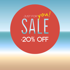 Summer sale badge with percentage on blurred background with seaside. Designed text.