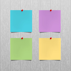 Vector mockup. Sheets of color paper with a red push pins hanging on a gray wooden wall. Empty blanks, notes. Office business interior template. Wood texture with vertical stripes. Hardwood background