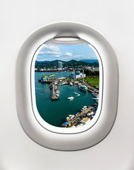 Fototapeta premium View of harbor in Batumi from airplane window