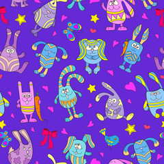 Seamless pattern with funny cartoon rabbits on a blue background