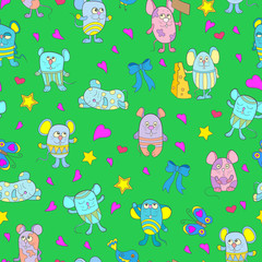 Seamless pattern with funny cartoon mouses on a green background