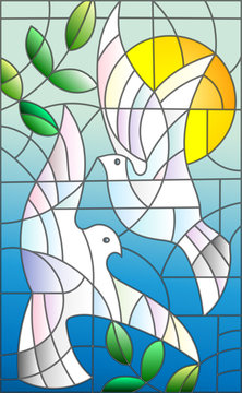 Illustration in stained glass style with abstract pigeons, the sun and branches