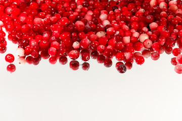 Superfood berries fool of antioxidants - organic cranberries arranged in pile on white background with copy space.