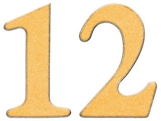 12, twelve, numeral of wood combined with yellow insert, isolate