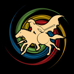 Spartan warrior riders with a spear ready to fight designed on spin wheel background graphic vector
