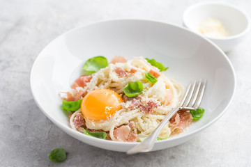 pasta carbonara with prosciutto,  parmesan cheese and eggs yolk