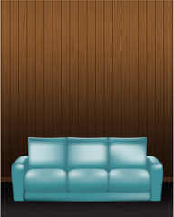 Realistic modern blue sofa isolated on wooden wall interior background vector illustration.