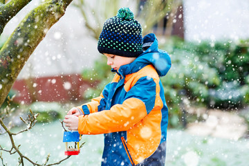 Little kid boy hanging bird house on tree for feeding in winter