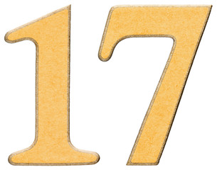 17, seventeen, numeral of wood combined with yellow insert, isol - obrazy, fototapety, plakaty