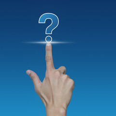 Hand pressing question mark sign icon over blue background, Customer support concept