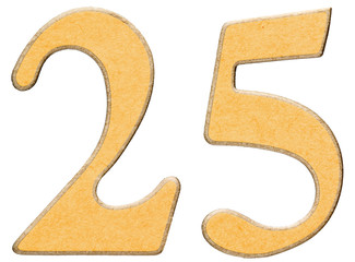 25, twenty five, numeral of wood combined with yellow insert, is