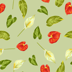 Seamless pattern with flowers spathiphyllum and anthurium