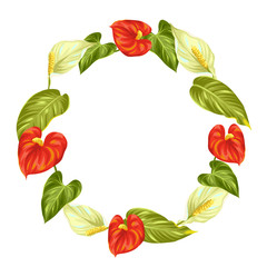Decorative frame with flowers spathiphyllum and anthurium