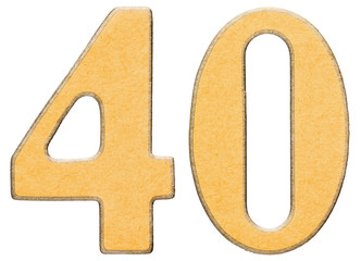 40, forty, numeral of wood combined with yellow insert, isolated