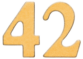 42, forty two, numeral of wood combined with yellow insert, isol