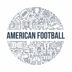 American football banner with line icons of ball, field, player, whistle, helmet and other sport equipment. Vector circle illustration for football championship poster.