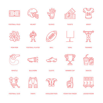 Vector line icons of american football game. Elements - ball, field, player, helmet, bullhorn. Linear signs set, football championship pictogram with editable stroke for sport event, fan store