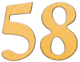 58, fifty eight, numeral of wood combined with yellow insert, is