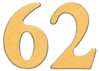 62, sixty two, numeral of wood combined with yellow insert, isol