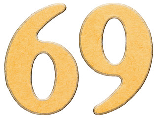69, sixty nine, numeral of wood combined with yellow insert, iso