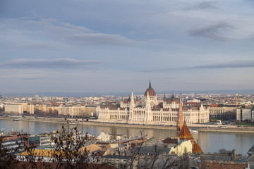 Very large Panoramic overview of Budapest Parliament on Danube r
