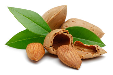 Almonds, shelled almonds and leaves